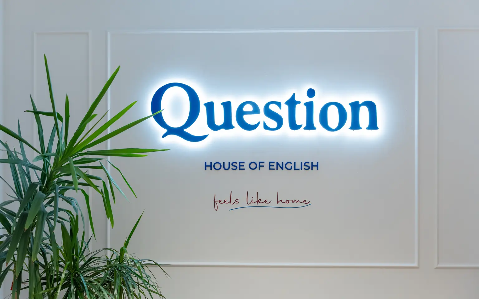 Welcome Wall w Question House - podświetlany napis Question, House of English i feels like home
