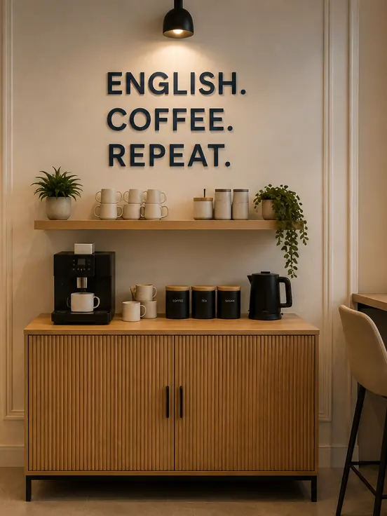 Kącik kawowy z ekspresem i kubkami na półce, na ścianie napis English. Coffee. Repeat.