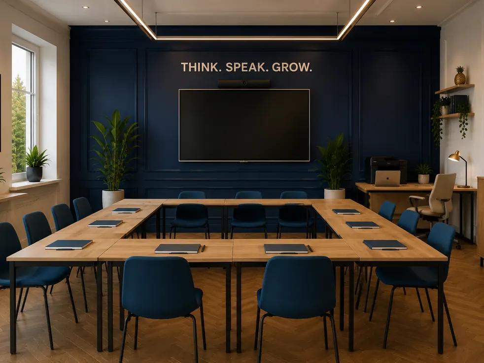 Sala treningowa z granatową ścianą, hasłem Think. Speak. Grow. i stołami ustawionymi w podkowę